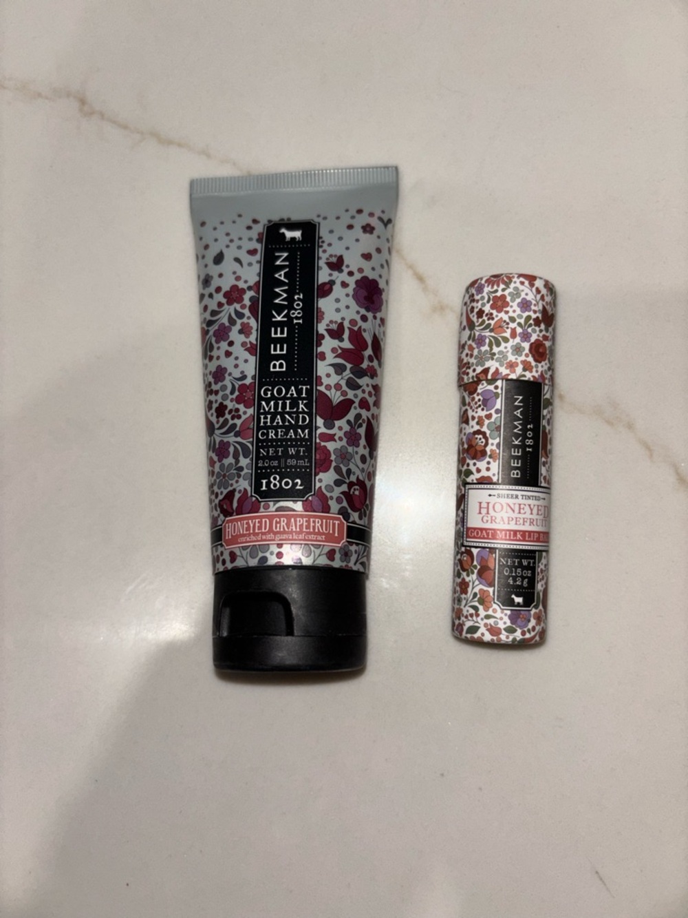 Beekman 1802 Honeyed Grapefruit Hand Cream & Lip Balm Pink and White Floral NEW